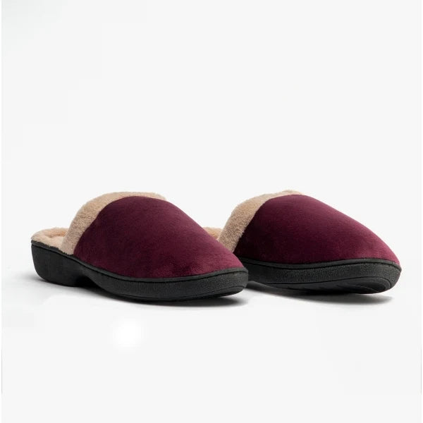 Jo & Joe Ada Ladies Velour, Fleece Warm Lined Mule Wedge Heel Slippers Burgundy