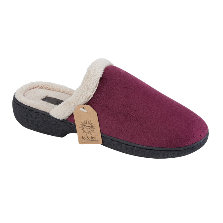 Jo & Joe Ada Ladies Velour, Fleece Warm Lined Mule Wedge Heel Slippers Burgundy