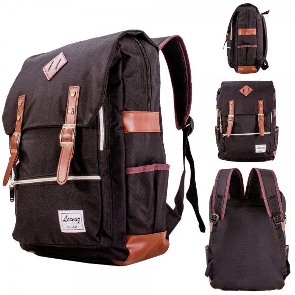 LORENZ BLACK/TAN LARGE DENIM CANVAS BACKPACK WITH 16'' LAPTOP SLEEVE