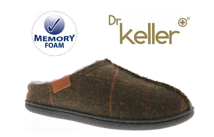 Dr Keller Barney Mens Faux Fur Warm Lining Mule Slippers Green Check