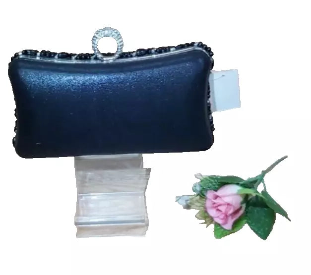 Womens Wedding Party Prom Lola Black Beaded White Diamante Hard Compact Clutch