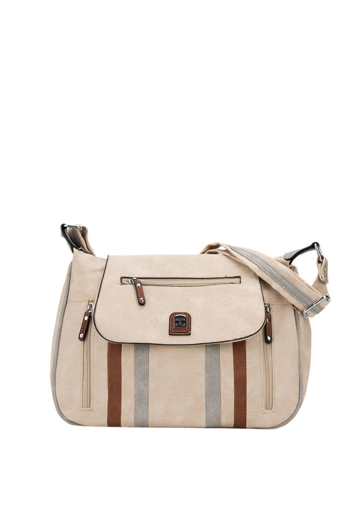 Firenze Ladies Large Cross Body/ Shoulder/ Handbag With Flap Beige Combination