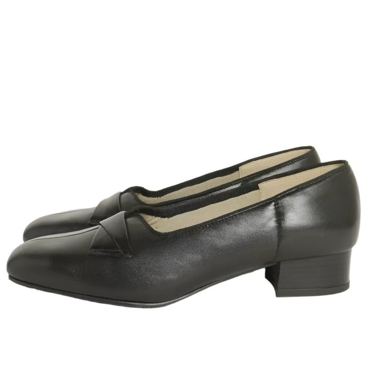 Equity Carmel Ladies Wide E Fitting Black Leather Low Heel Court Shoes