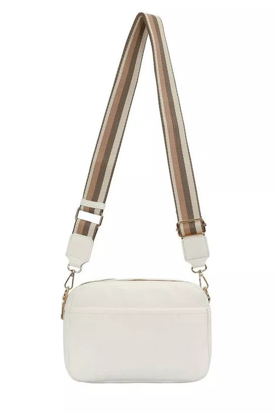 GESSY LADIES DOUBLE ZIP CROSS BODY SHOULDER BAG WITH FRONT/ BACK POCKETS, ADJUSTABLE FABRIC STRAP