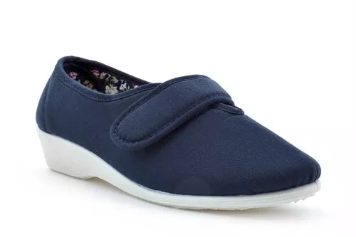 Dr Keller Wide E Fit Ladies Navy Single Touch Fasten Canvas Wedge Casual Shoes