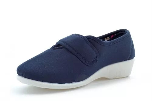 Dr Keller Wide E Fit Ladies Navy Single Touch Fasten Canvas Wedge Casual Shoes