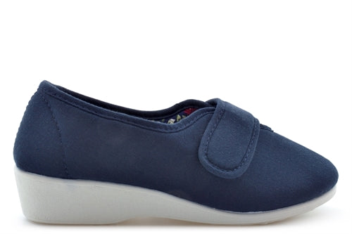 Dr Keller Wide E Fit Ladies Navy Single Touch Fasten Canvas Wedge Casual Shoes