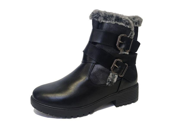 Dr Keller Phoenix Ladies Warm Lined Black Biker Style Boots With Faux Fur Cuff