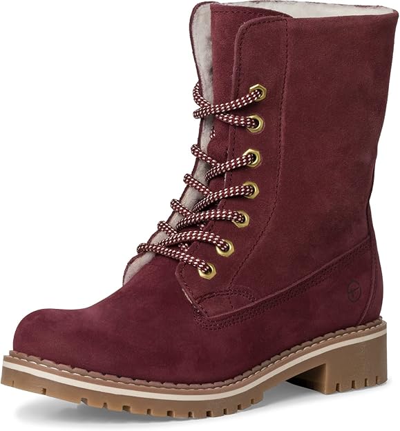 Tamaris 26443 Ladies Water Resistant Warm Lined Bordeaux Suede Lace Up Boots With Duo Tex