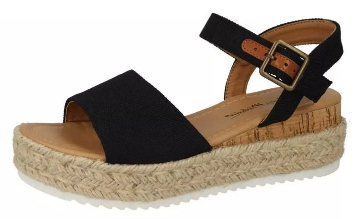 Anne Michelle F12091 Womens Black Textile Mid Espadrille Wedge Buckle Sandals