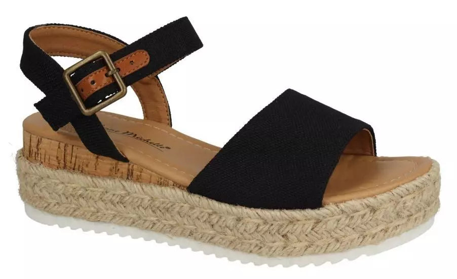 Anne Michelle F12091 Womens Black Textile Mid Espadrille Wedge Buckle Sandals