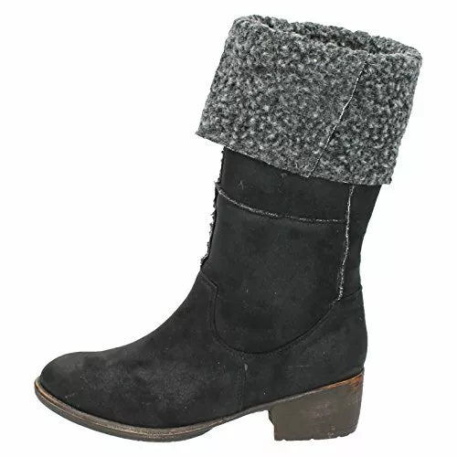 Spot On F50174 Ladies Black Faux Suede Warm Fleece Lined Knee High Zip Fasten Boots