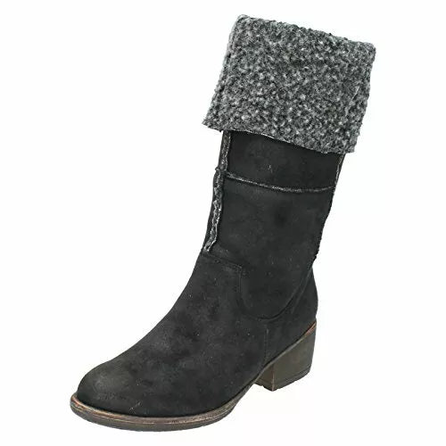 Spot On F50174 Ladies Black Faux Suede Warm Fleece Lined Knee High Zip Fasten Boots