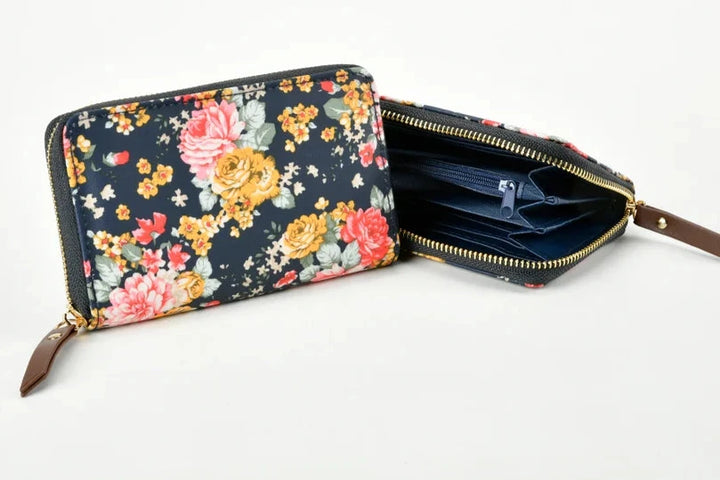 Ladies Medium Floral Pattern Purse With Internal Zip And Card/Note Pockets Navy Multi