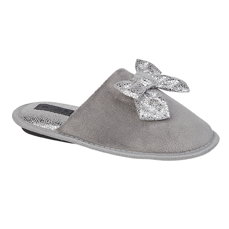 Jo & Joe Glitzy Ladies Velour Mule Slippers With Cute Bow Grey & Silver