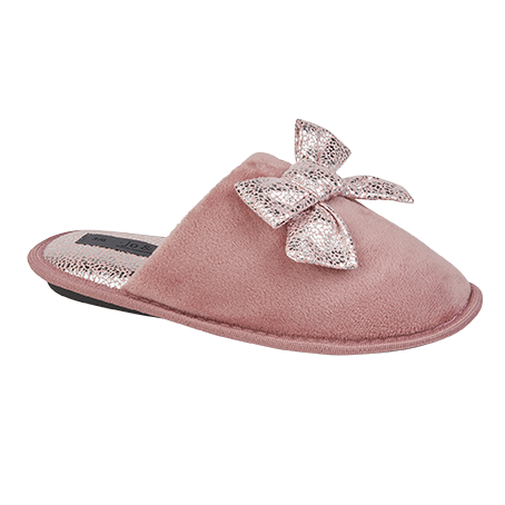 Jo & Joe Glitzy Ladies Velour Mule Slippers With Cute Bow Pink