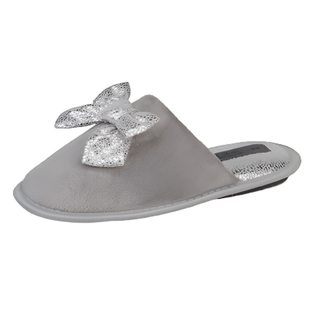 Jo & Joe Glitzy Ladies Velour Mule Slippers With Cute Bow Grey & Silver