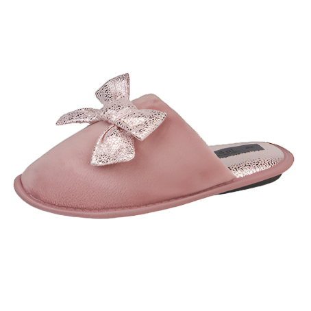 Jo & Joe Glitzy Ladies Velour Mule Slippers With Cute Bow Pink