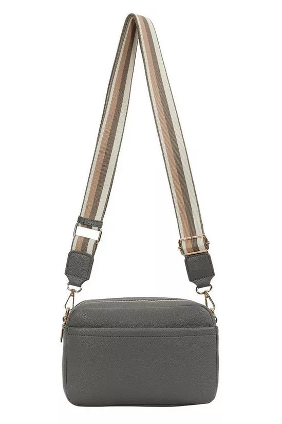 GESSY LADIES DOUBLE ZIP CROSS BODY SHOULDER BAG WITH FRONT/ BACK POCKETS, ADJUSTABLE FABRIC STRAP