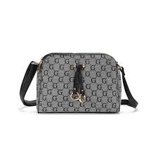 Designer Inspired Multi Pocket Cross Body Shoulder Handbag With Adjustable Strap And Gold Ring Detail Grey