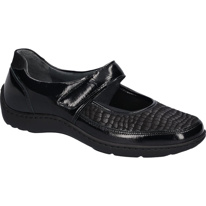 Waldluaufer Henni Ladies Wide Fitting Black Patent Leather/ Stretch Orthotritt Velcro Fasten Mary Jane Style Shoes