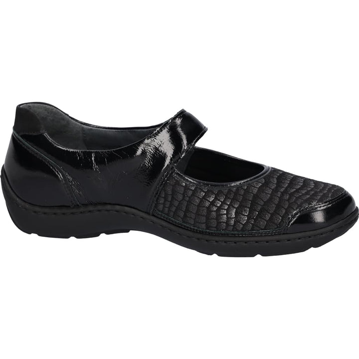 Waldluaufer Henni Ladies Wide Fitting Black Patent Leather/ Stretch Orthotritt Velcro Fasten Mary Jane Style Shoes