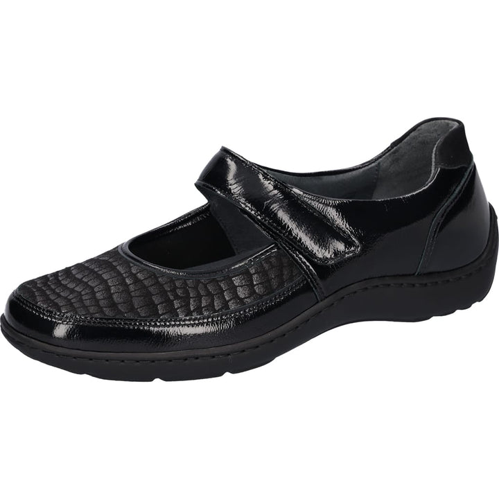 Waldluaufer Henni Ladies Wide Fitting Black Patent Leather/ Stretch Orthotritt Velcro Fasten Mary Jane Style Shoes