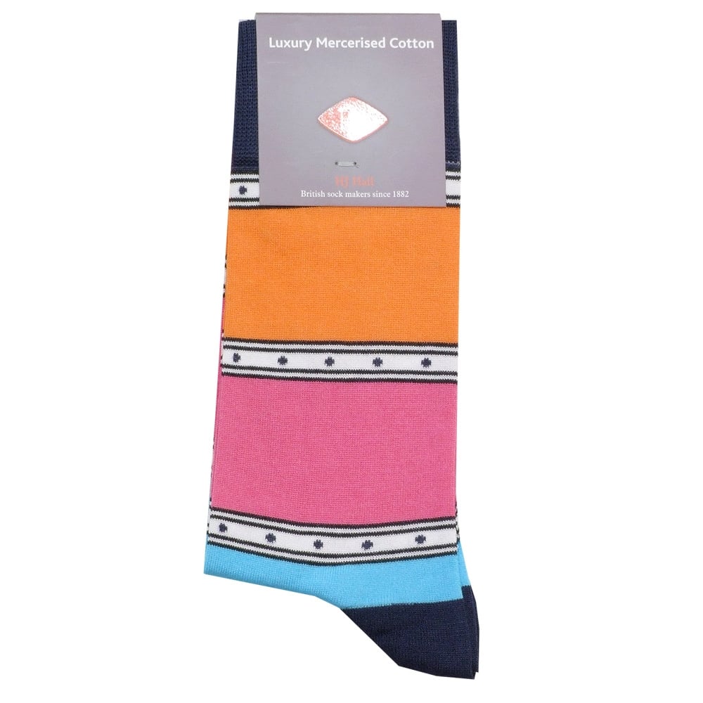 H J Hall Luxury Mercerised Cotton Socks Navy/Pink/Orange/Turq 1 Pair Pack Size 7-10