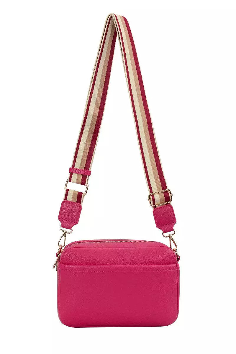 GESSY LADIES DOUBLE ZIP CROSS BODY SHOULDER BAG WITH FRONT/ BACK POCKETS, ADJUSTABLE FABRIC STRAP