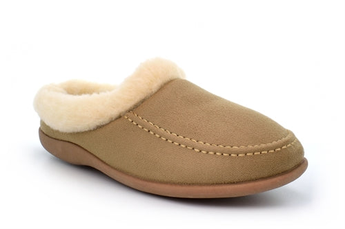 SLEEPERS JANINE LADIES BEIGE SUPER SOFT COMFORT FUR CUFF MEMORY FOAM MULE SLIPPERS