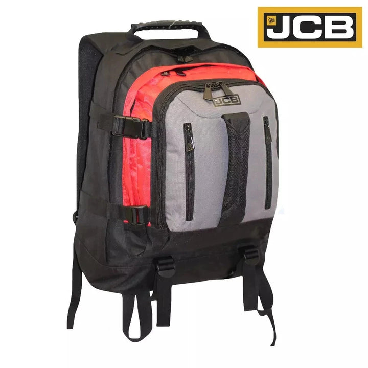 JCB Large Work Backpack, Heavy Duty Rucksack Multi Zip Pocket Fishing Hiking Black/Red