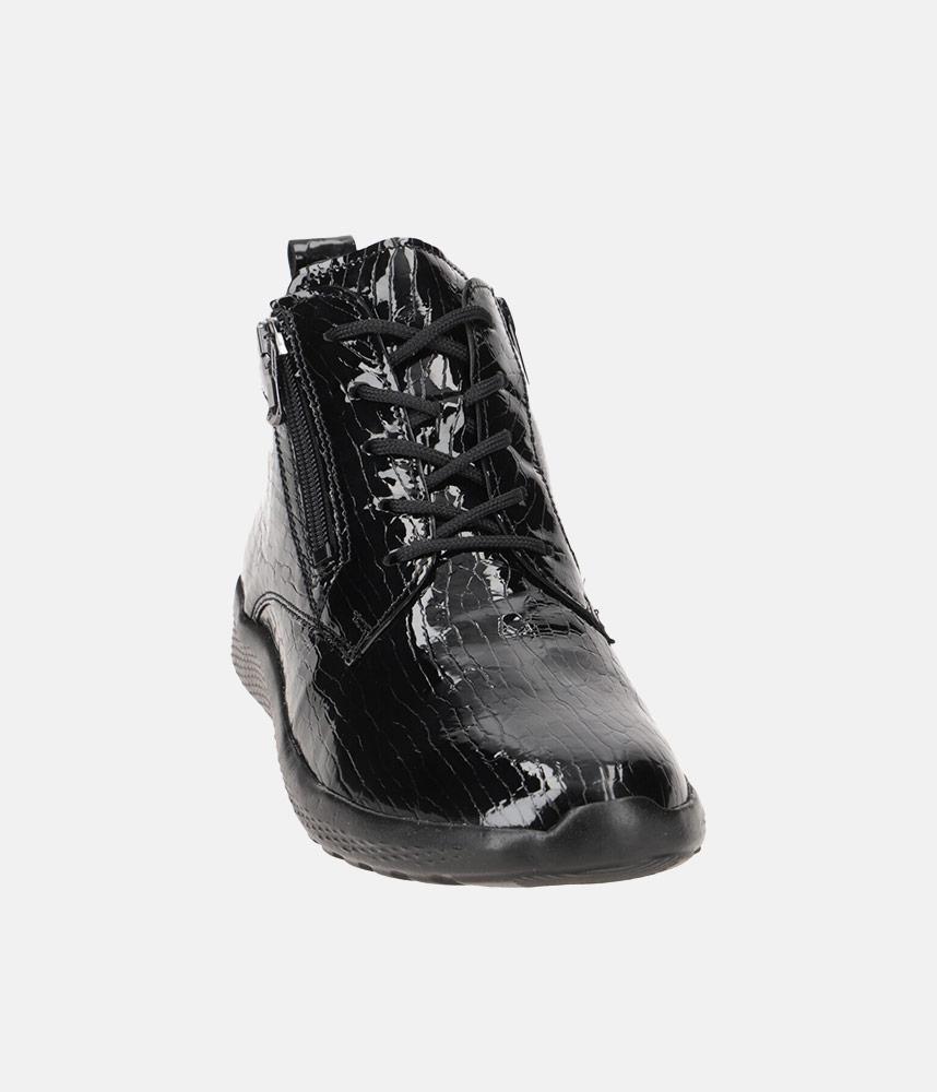 Waldlaufer K-Ira Wide Fitting Ladies Black Patent Leather Double Zip Lace Up Ankle Boots With Removable Insoles