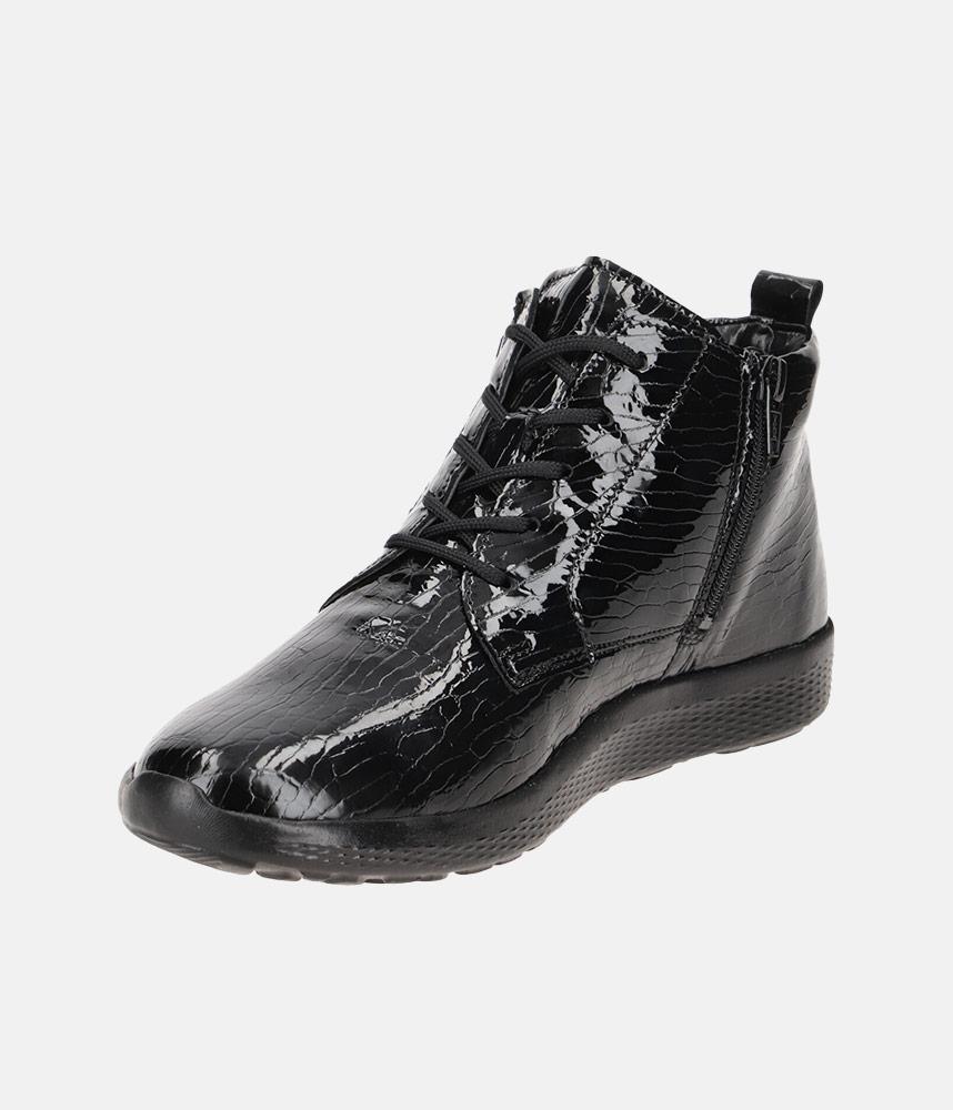 Waldlaufer K-Ira Wide Fitting Ladies Black Patent Leather Double Zip Lace Up Ankle Boots With Removable Insoles