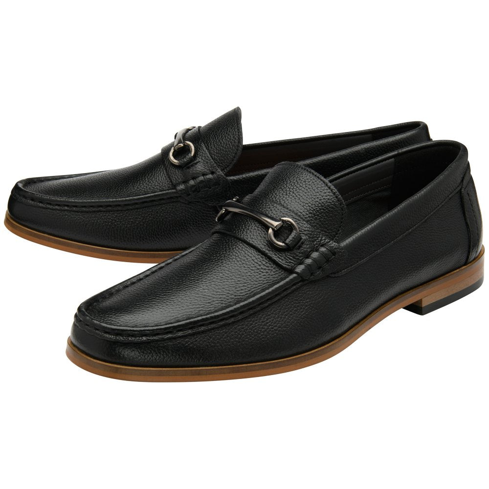 Frank Wright Lamont Mens Black Leather Slip On Moccasin Loafers With Snaffle Bar Metal Embellishment