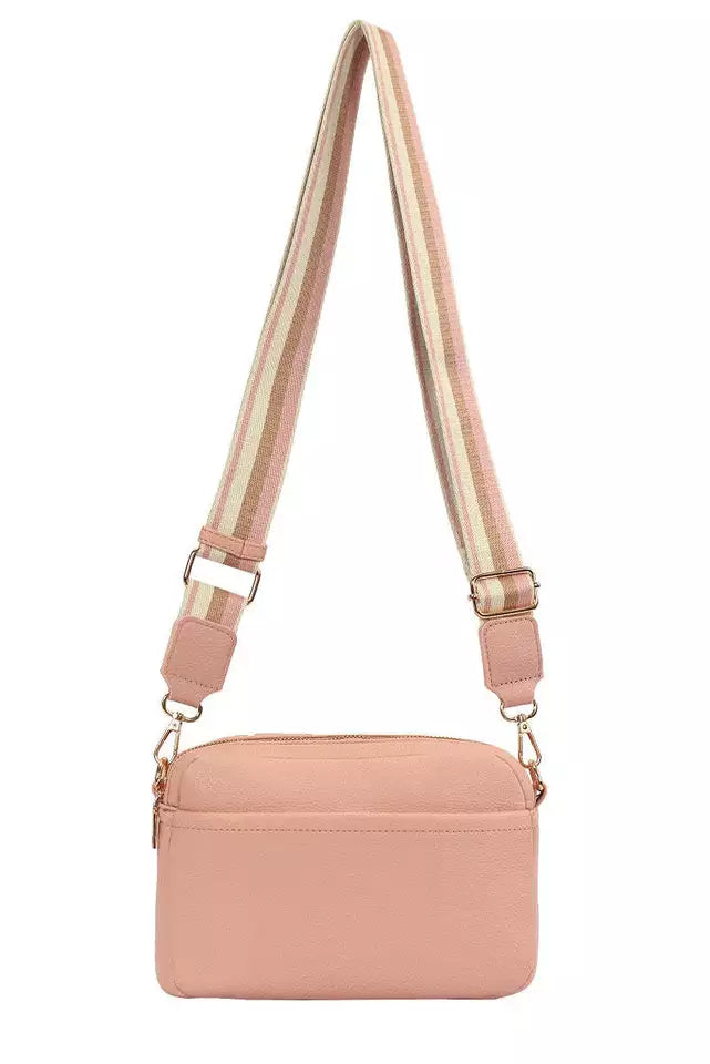 GESSY LADIES DOUBLE ZIP CROSS BODY SHOULDER BAG WITH FRONT/ BACK POCKETS, ADJUSTABLE FABRIC STRAP