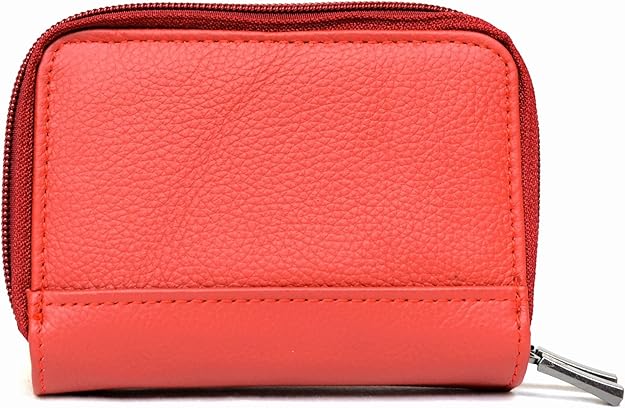 Lorenz Ladies Leather Double Zip Around Change Purse Card Holder Photo Window RFID Protected Red