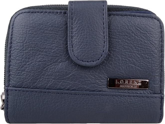 Lorenz Ladies Leather Double Zip Around Change Purse Card Holder Photo Window RFID Protected Navy