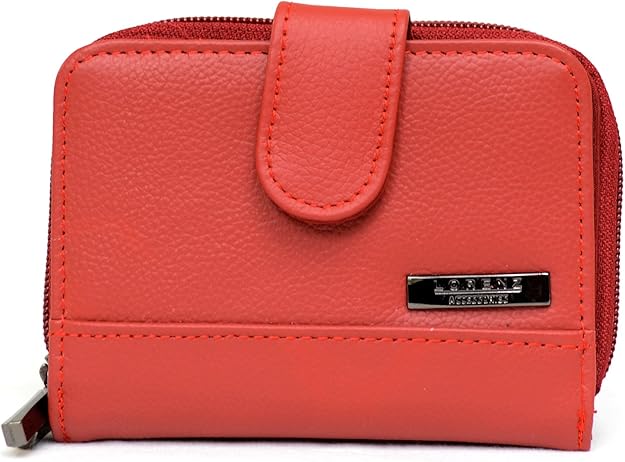 Lorenz Ladies Leather Double Zip Around Change Purse Card Holder Photo Window RFID Protected Red