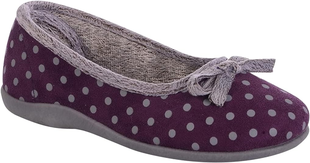 Sleepers Louise Ladies Memory Foam Purple Polka Dot Faux Fur Soft Dolly Style Slippers