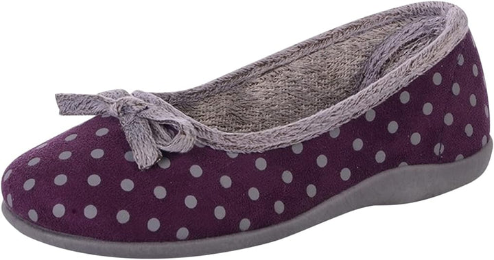 Sleepers Louise Ladies Memory Foam Purple Polka Dot Faux Fur Soft Dolly Style Slippers