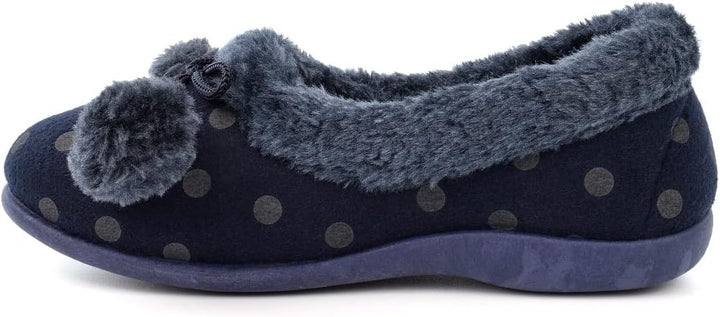 Sleepers Marge Ladies Navy Felt Memory Foam Slip On Polka Dot Pom Pom Slippers