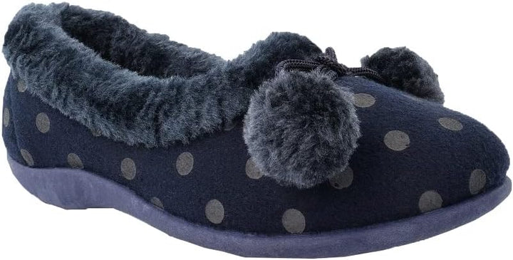 Sleepers Marge Ladies Navy Felt Memory Foam Slip On Polka Dot Pom Pom Slippers