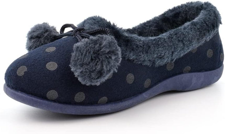 Sleepers Marge Ladies Navy Felt Memory Foam Slip On Polka Dot Pom Pom Slippers