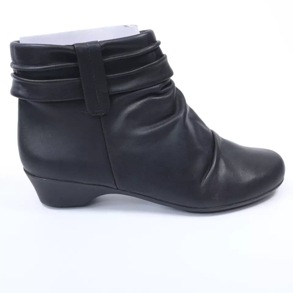 Clarks Matron Ella Ladies Wide E Fit Black Leather Ruched Soft Leather Ankle Boots With Zip Fasten