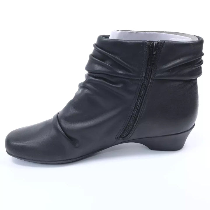 Clarks Matron Ella Ladies Wide E Fit Black Leather Ruched Soft Leather Ankle Boots With Zip Fasten