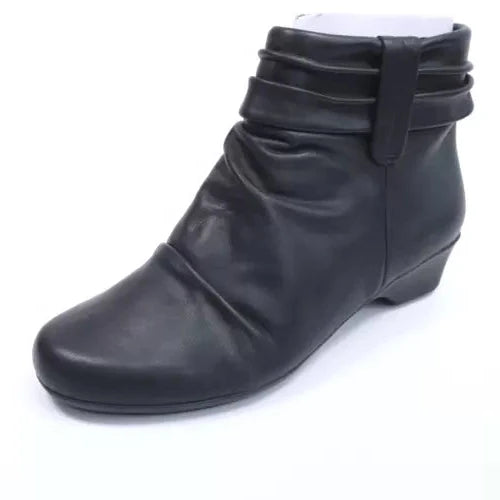 Clarks Matron Ella Ladies Wide E Fit Black Leather Ruched Soft Leather Ankle Boots With Zip Fasten