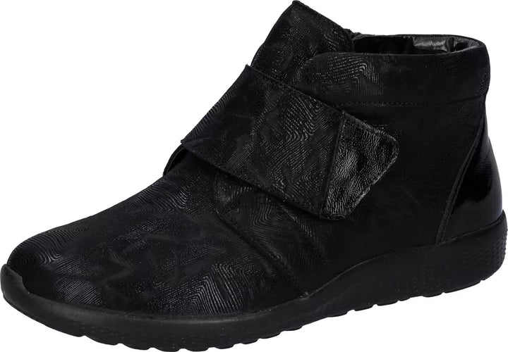 Waldlaufer M-Ira Ladies Wide Black Leather Touch Fasten Lightweight Ankle Boot