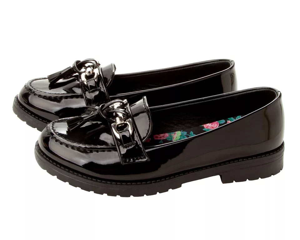 MISS RIOT AVA GIRLS BACK TO SCHOOL BLACK PATENT LOAFERS WITH TASSELS AND METAL BAR