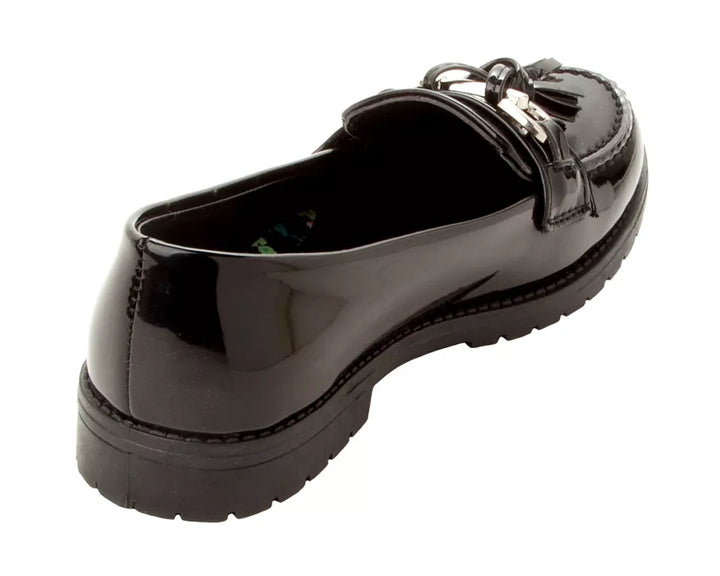 MISS RIOT AVA GIRLS BACK TO SCHOOL BLACK PATENT LOAFERS WITH TASSELS AND METAL BAR