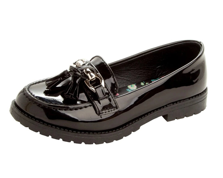 MISS RIOT AVA GIRLS BACK TO SCHOOL BLACK PATENT LOAFERS WITH TASSELS AND METAL BAR